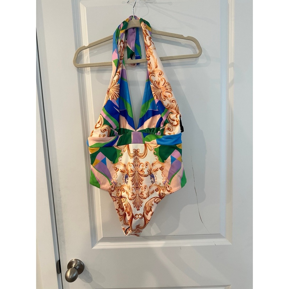 Bottarl One Piece Swimsuit Halter Size L Bright Tropical NWT